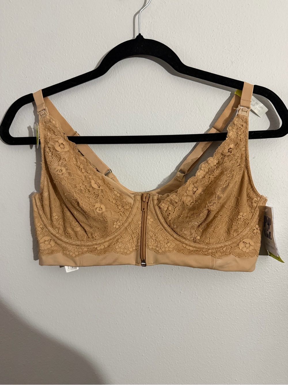 Front-Zip Lace Support Bra in Tan